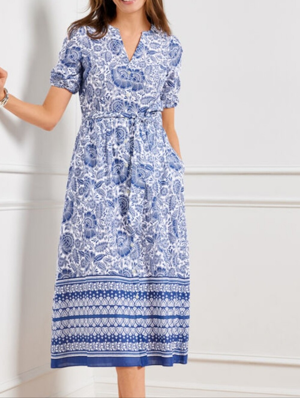 Talbots 100% Cotton Blue Floral Cottagecore Button Down Tie Waist Shirt Dress 14